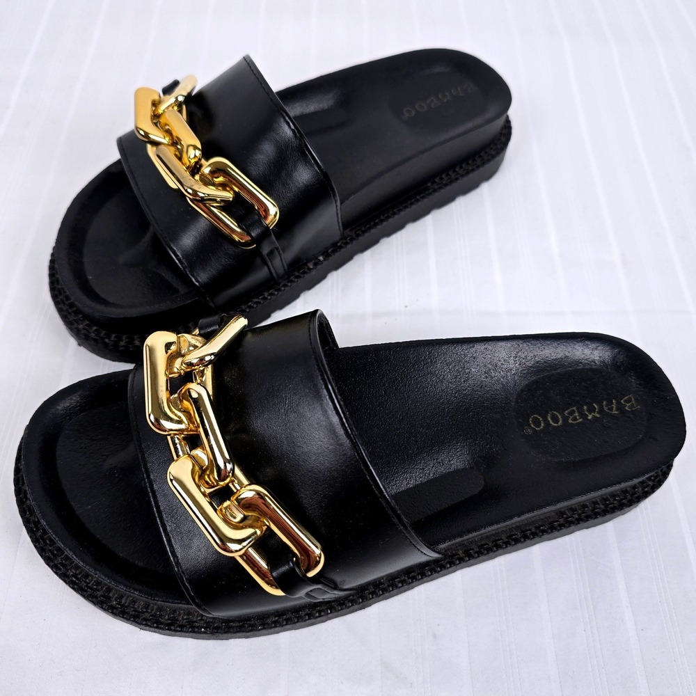 Bamboo Black Slide Sandals Gold Chunky Chain Link Platform Slip On Shoes Size 37